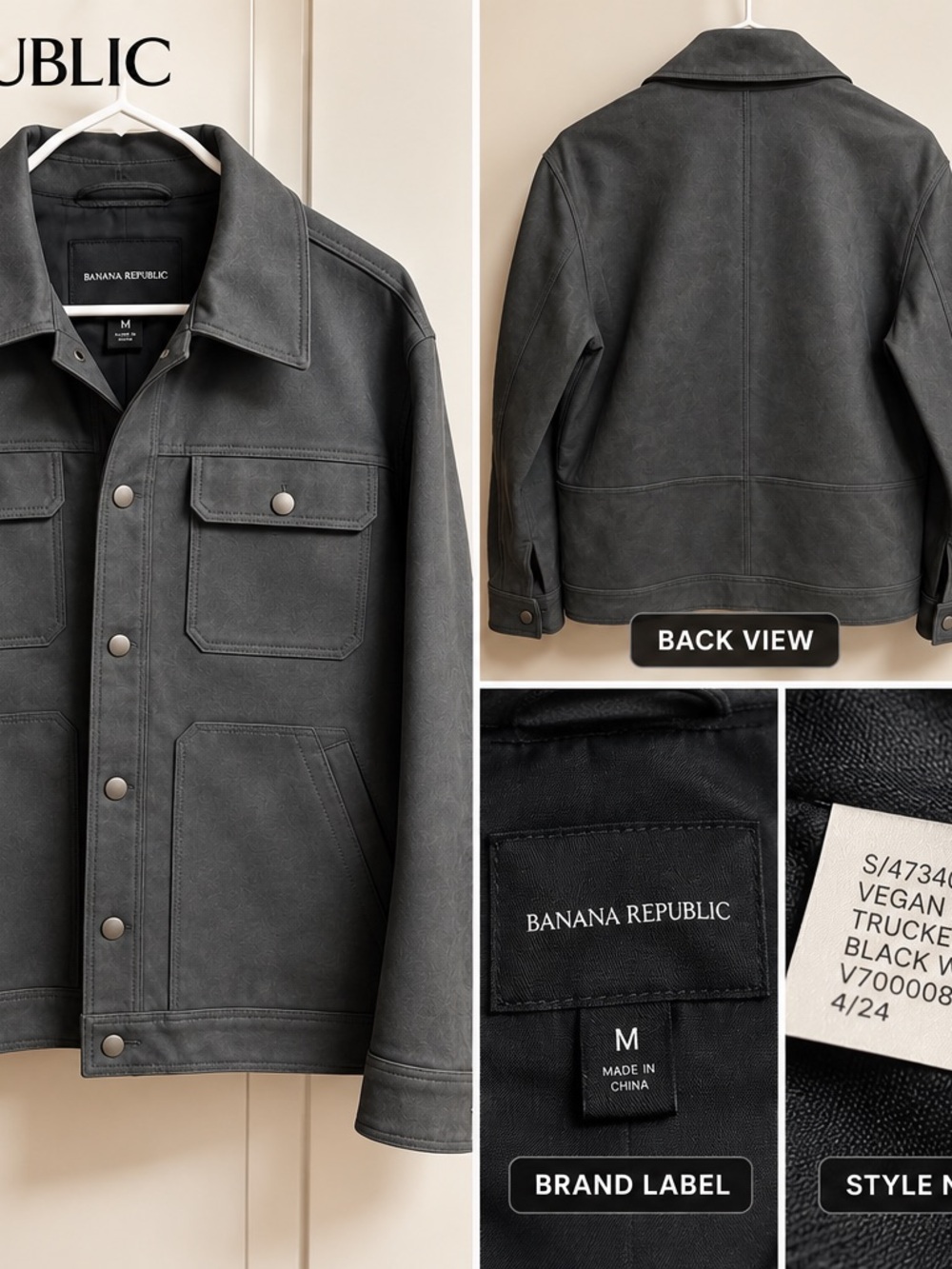 Banana Republic Men's Charcoal Black Vegan Leather Shirt Jacket